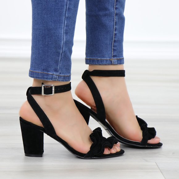 Shoes - Suede Black Chunky Heel Open Ruffle Toe Sandal